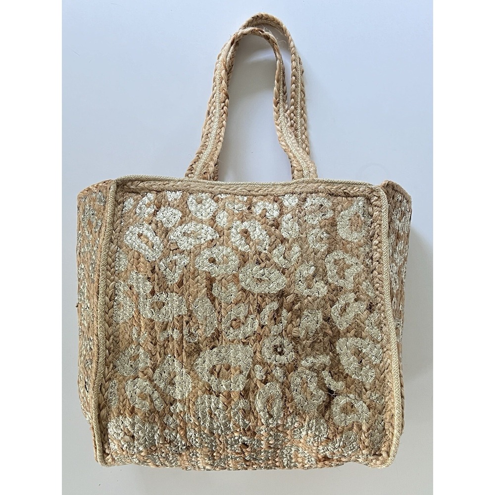 Woven Jute Gold Metallic Leopard Print Beach Tote Bag‎ 🐆